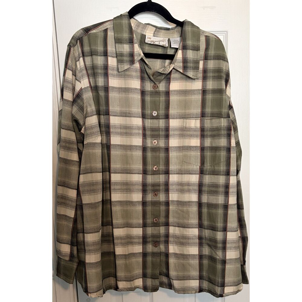 Angelique Plaid Button Down Shirt 30/32 Olive Green Cotton Rayon NWT Long Sleeve
